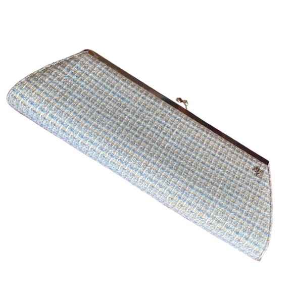 Pastel Blue/Cream Tweed Clutch with Removable Silver Rhinestone Flower Brooch - Picture 3 of 7